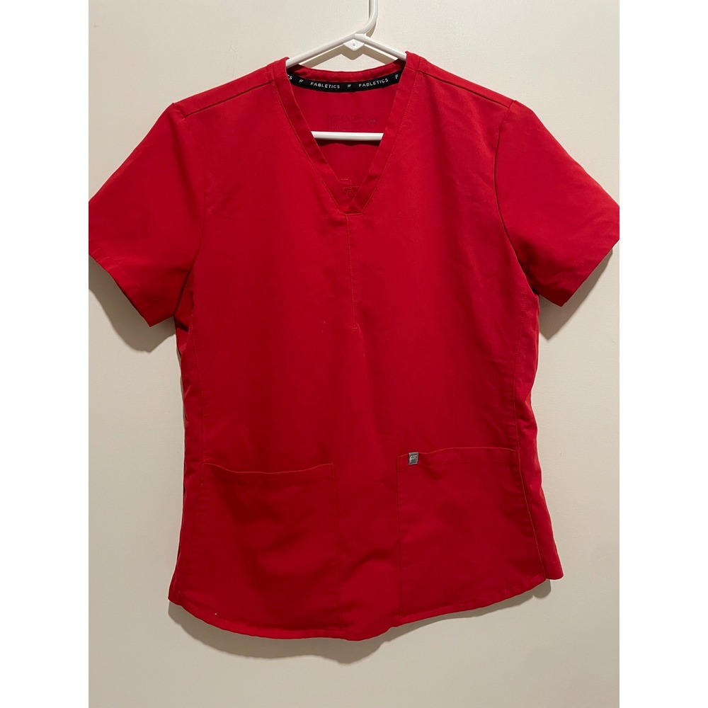 Fabletics Red V-Neck Scrub Top Womens Size Small Short Sleeve 2-Pocket Medical